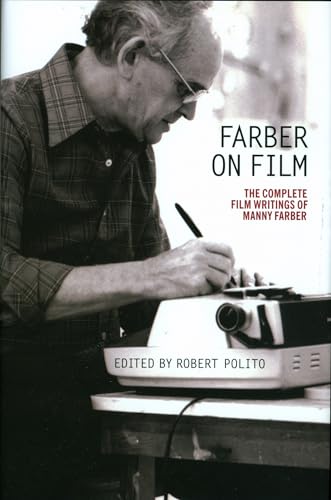 Book cover featuring Manny Farber at a typewriter, titled "Farber On Film.