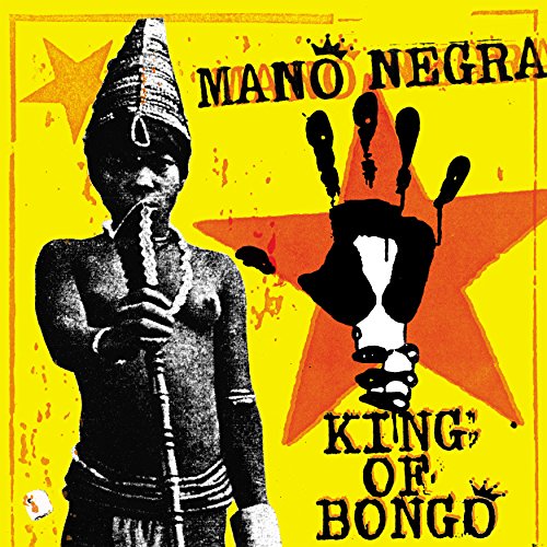 Yellow album cover for Mano Negra’s “King Of Bongo” with graphic figures.