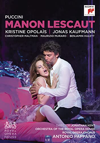 DVD cover for Puccini’s “Manon Lescaut” opera, featuring two singers embracing.