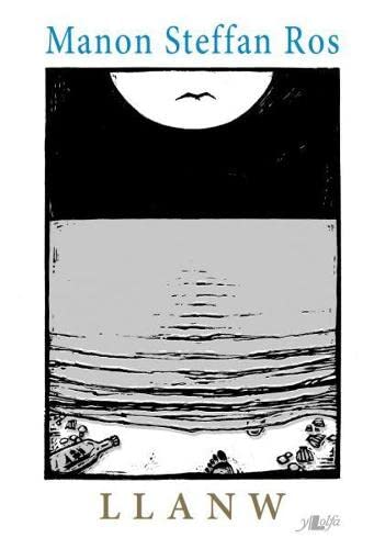 Book cover: black and white illustration of sea, moon, and bottle.