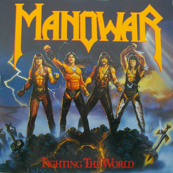 Manowar album cover: four muscular men with swords, stormy background.