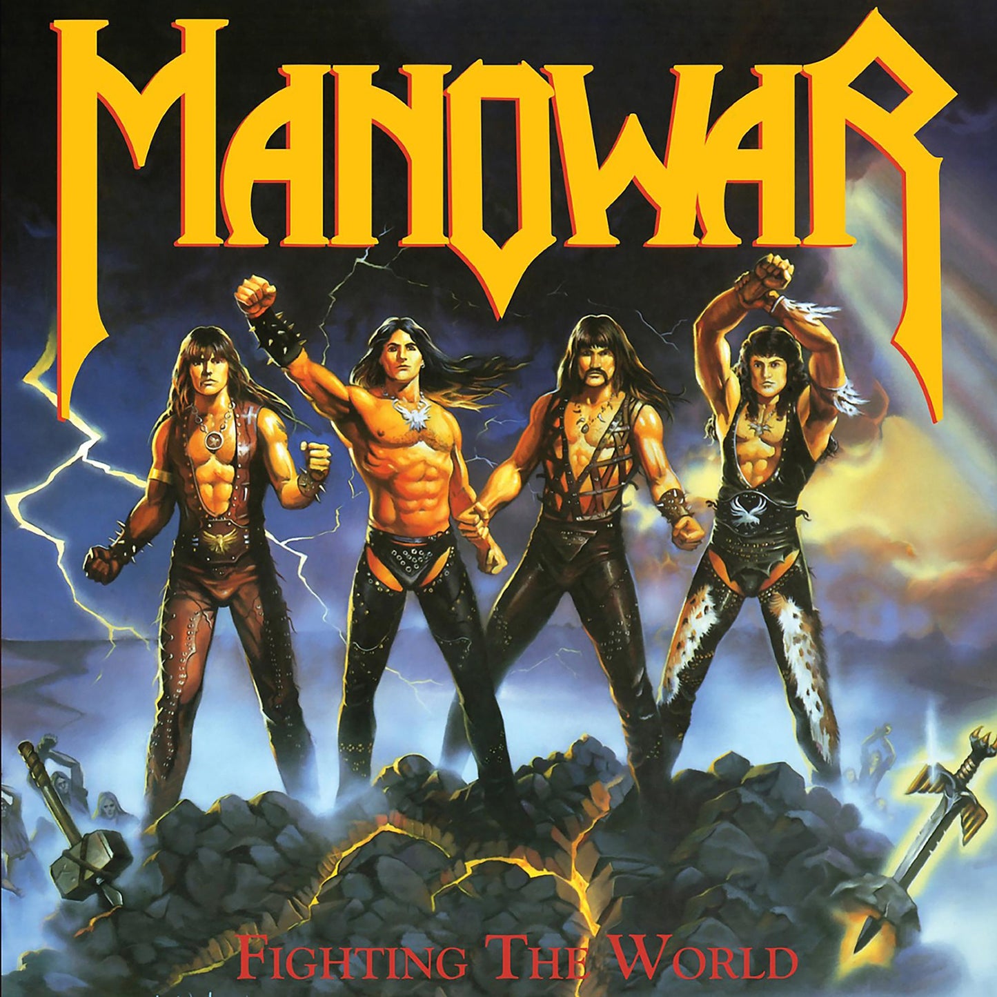 Manowar album cover: four muscular men stand on rocky terrain.