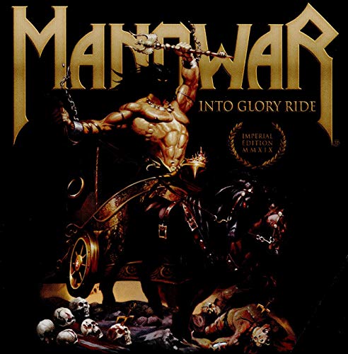 Manowar album cover: muscular warrior on horseback amidst skulls.