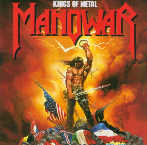 Manowar “Kings of Metal” CD cover: muscular figure with flags.