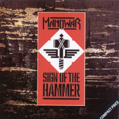 Manowar Sign of the Hammer album cover with a winged hammer on red background.