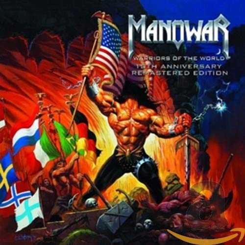 Manowar album cover: muscular warrior raising an American flag amidst battle.