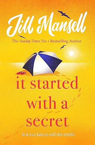 Book cover: beach scene with umbrella, title “It Started with a Secret”.