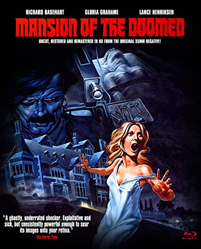 Horror movie poster featuring a mansion, a frightened woman, and surgical tools.
