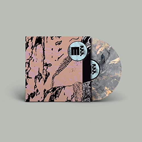 Vinyl record and sleeve with pink, black, and gray marbled design and logo.