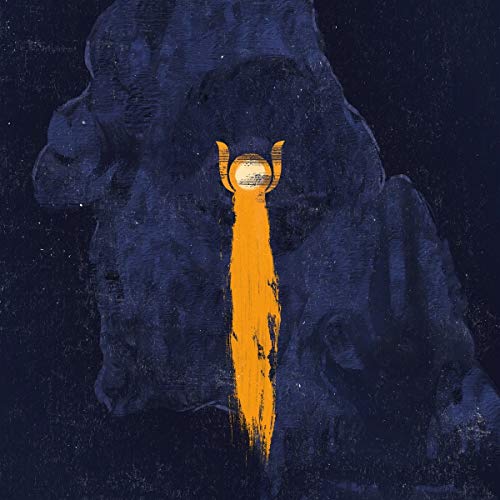 Dark blue textured background with a golden, abstract face and orange streak.
