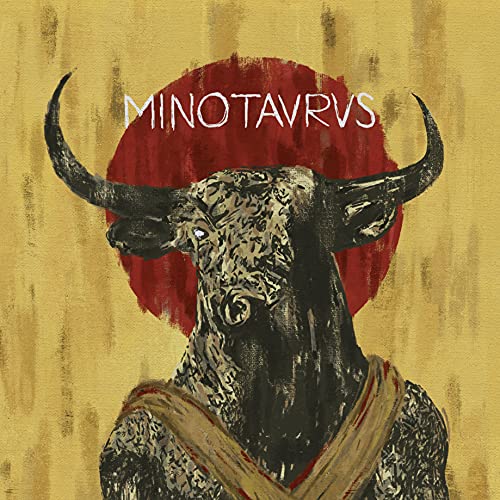 Painting of a minotaur against a red circle on a textured yellow background.