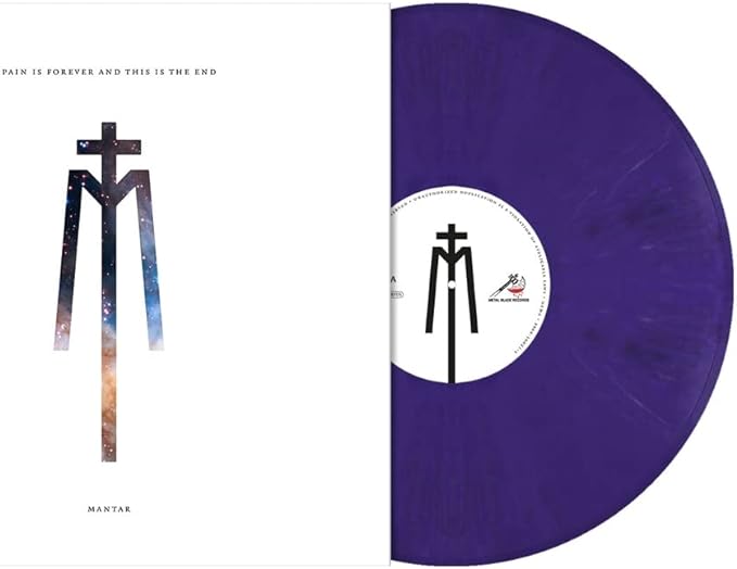 White album cover with space-themed logo next to a marbled purple vinyl record.