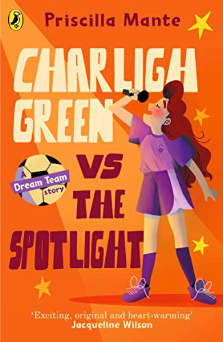 Book cover: girl with soccer ball and microphone, orange background.