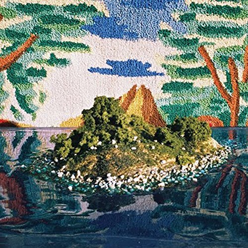 Textured landscape painting of an island with mountains and blue sky.