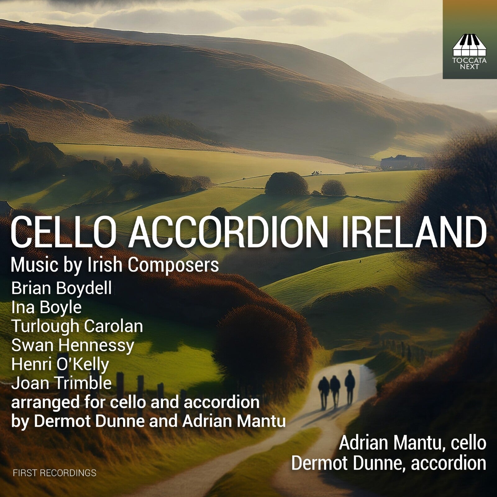 CD cover featuring a rolling Irish landscape with text listing composers and performers.