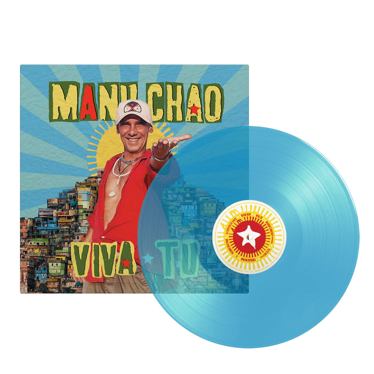Manu Chao Viva Tu album cover with a translucent blue vinyl record disc.