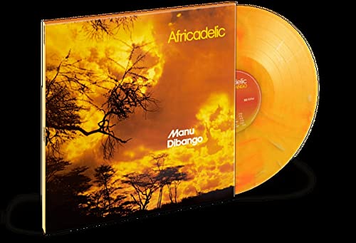 Manu Dibango’s “Africadelic” vinyl record with orange and yellow cover art.