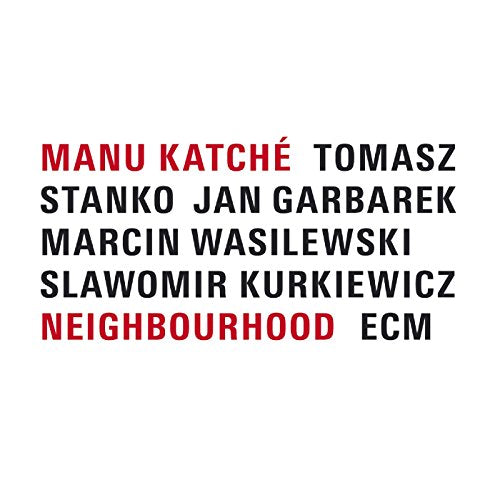 Red text listing musicians’ names and album title “Neighbourhood” on white background.
