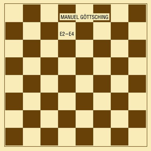 "CD cover featuring a chessboard with text 'MANUEL GÖTTSCHING' and 'E2-E4'."