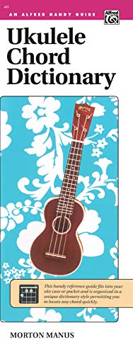 Cover of Ukulele Chord Dictionary by Morton Manus featuring a brown ukulele on blue.