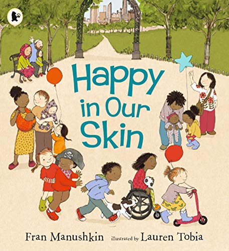 Book cover: diverse children playing in a park, titled “Happy in Our Skin.”