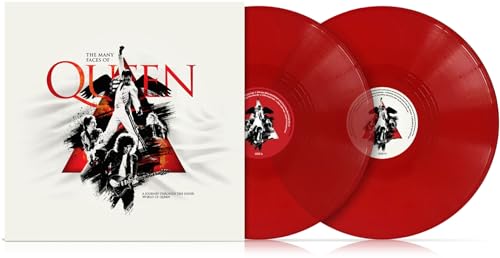 Album cover and two transparent red vinyl records for The Many Faces of Queen.