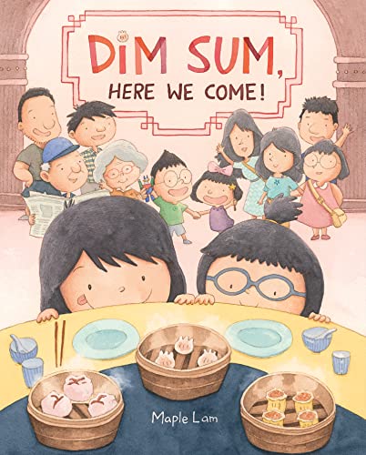 Two children look at steaming bamboo baskets of dim sum surrounded by their family.