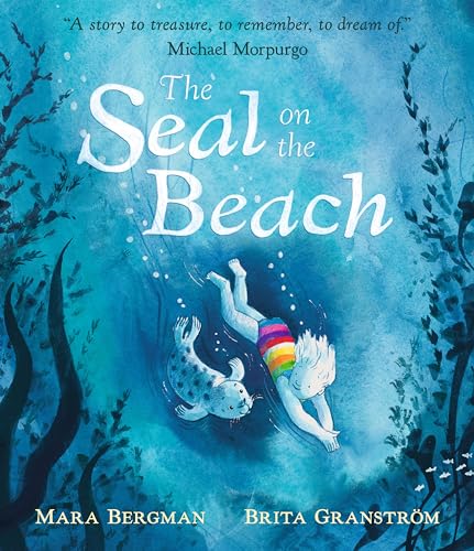 Book cover: a child swims underwater with a seal in blue waves.