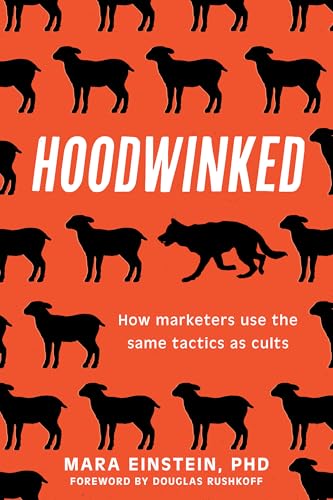 Book cover: orange background with sheep and wolf silhouettes, title "Hoodwinked".