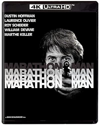 “Marathon Man” Blu-ray cover featuring Dustin Hoffman holding a gun, 4K Ultra HD.