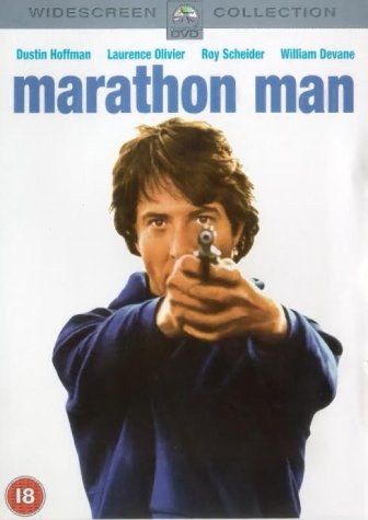 DVD cover for Marathon Man showing Dustin Hoffman pointing a gun at the viewer.
