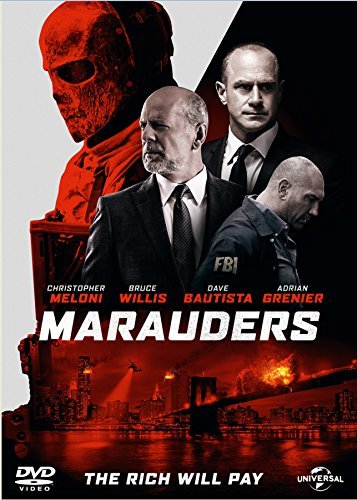 Marauders" DVD cover featuring Bruce Willis and a masked figure, city skyline.