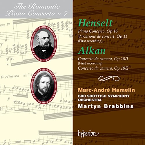 CD cover featuring composers' portraits, musical notes, and text about Alkan and Henselt concertos.