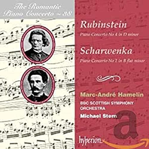 CD cover featuring Rubinstein and Scharwenka with musical notes and portraits, red background.