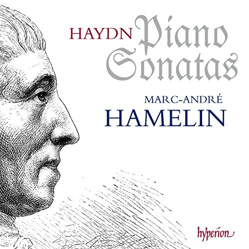 Profile sketch of a man's face with text "Haydn Piano Sonatas, Marc-André Hamelin."