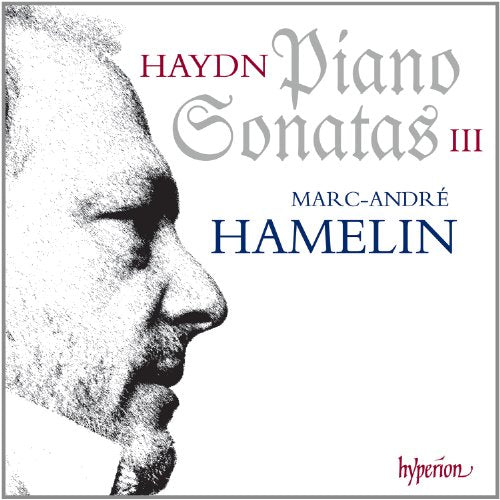 Black and white profile of a man on "Haydn Piano Sonatas III" CD cover.