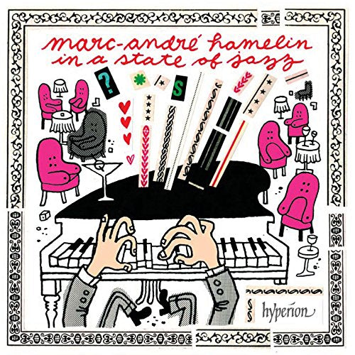 Cartoon hands playing piano with pink chairs and musical notes around.