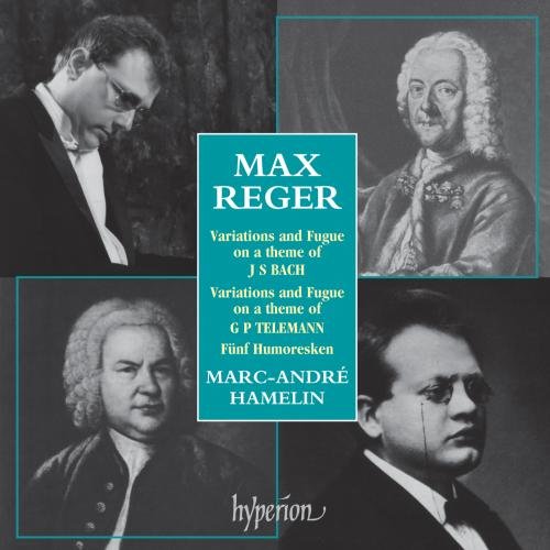 CD cover featuring portraits of composers Reger, Bach, Telemann, and Hamelin.
