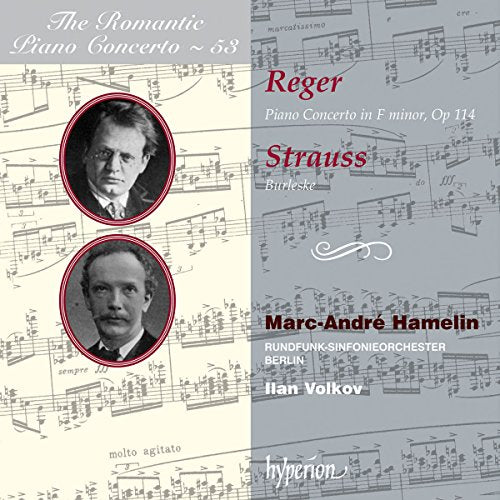 "CD cover with sheet music background, featuring two men's portraits and composer names."