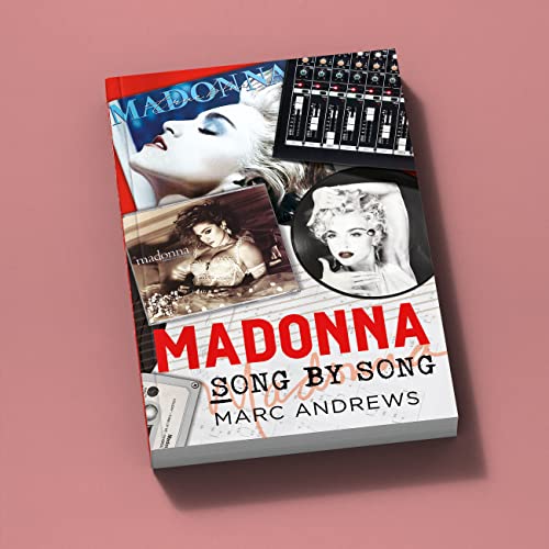 Book cover titled Madonna Song by Song featuring multiple photos of Madonna and audio equipment.