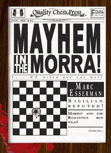 Book cover: "Mayhem in the Morra!" with a chessboard and blood splatter.