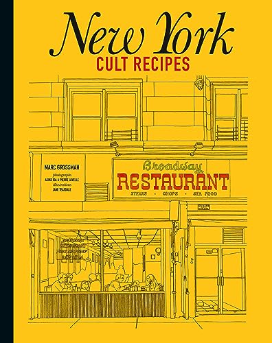Book cover with yellow background and line drawing of a Broadway restaurant storefront.