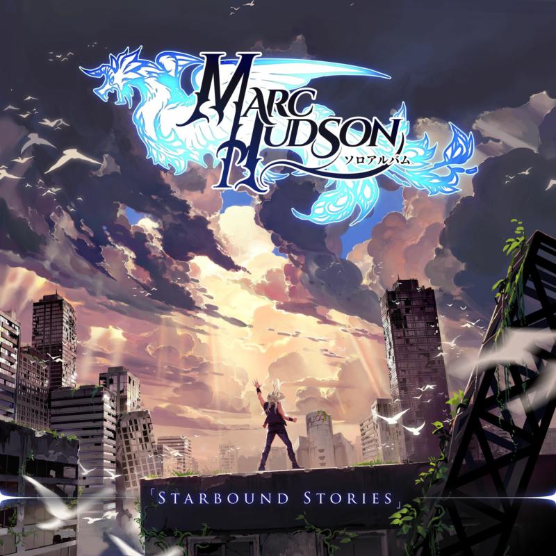 Album cover for Marc Hudson’s “Starbound Stories” featuring a cityscape and birds.