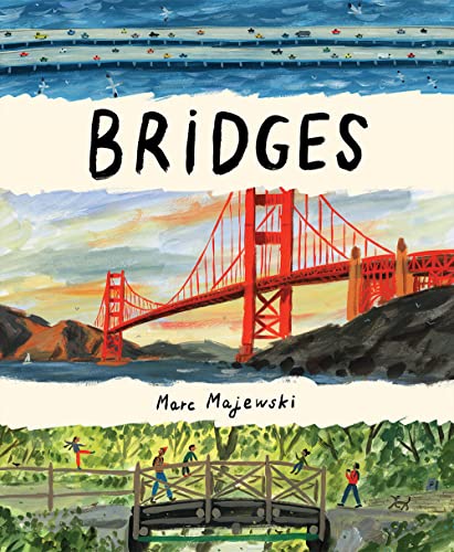 Painted cover of “Bridges” book featuring a red suspension bridge and people.