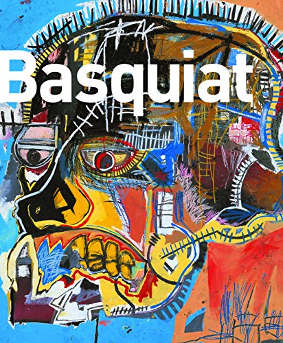 A colorful, abstract expressionist painting of a stylized skull with the text Basquiat overlaid.