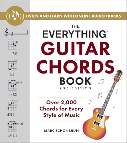 Guitar chord book cover with diagrams and a sunburst electric guitar.