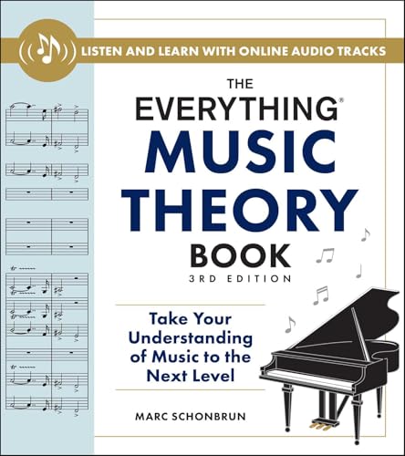 Book cover for The Everything Music Theory Book with a piano and musical notes.
