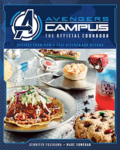 Avengers Campus cookbook cover with colorful food and the Avengers "A" logo.