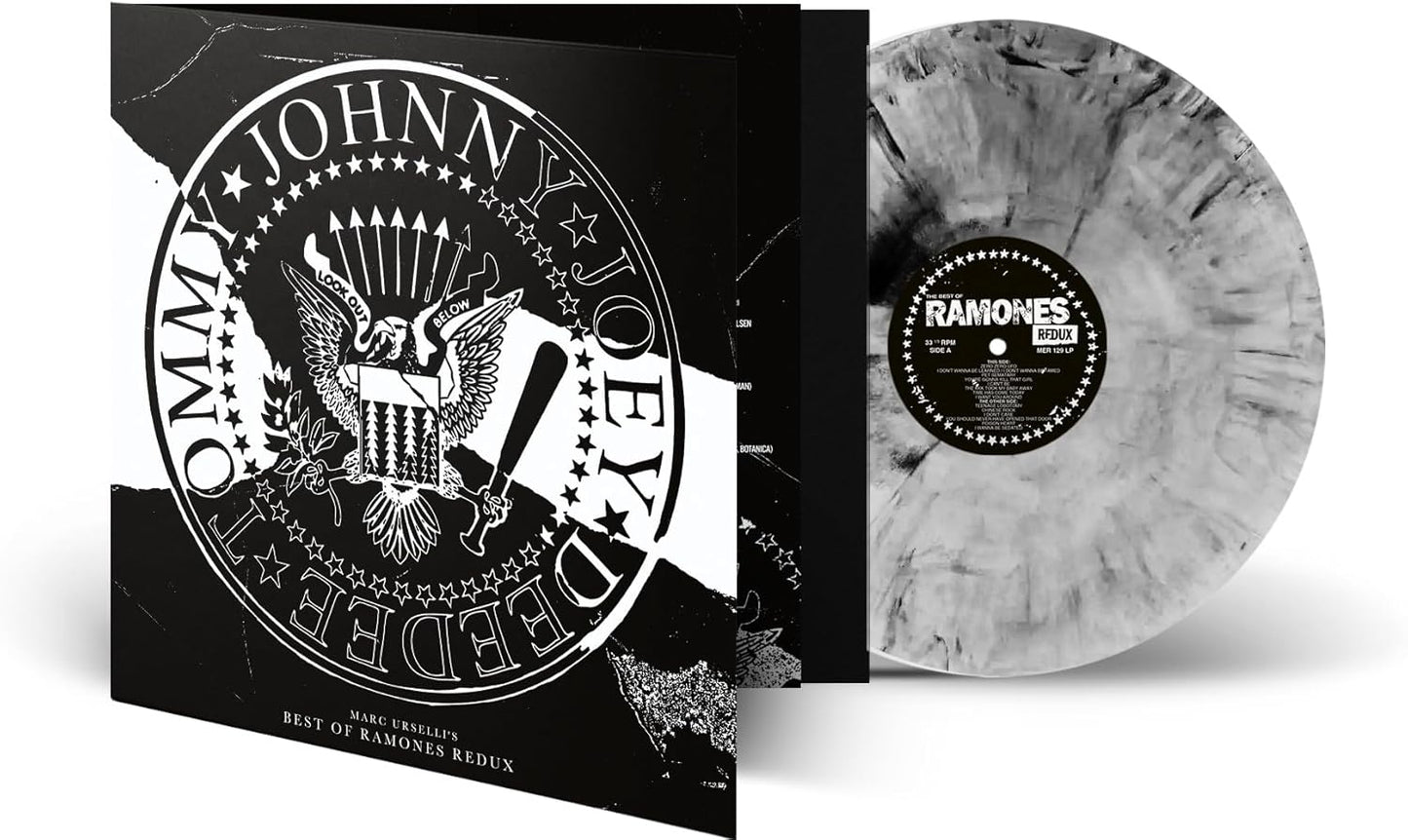 Ramones vinyl record with marbled grey and white disc, iconic logo cover.
