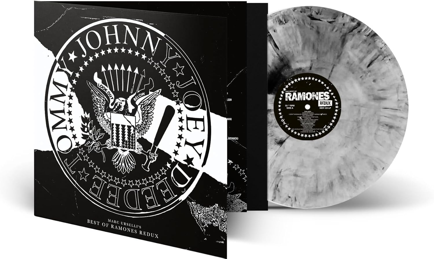 Ramones vinyl record with marbled grey and white disc, iconic logo cover.